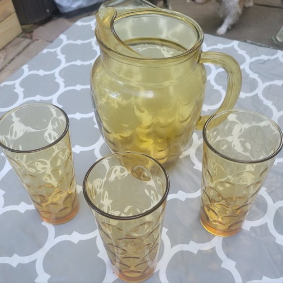 Anchor Hocking Other - Anchor Hocking Glass Madrid Honey Pitcher with 3 Glasses